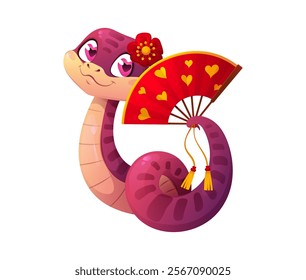 Valentine day cartoon snake character with flower on its head holding red Asian fan, adorned with heart motifs. Vector charming reptile, serpent animal highlights love with festive and romantic vibe