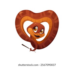 Valentine day cartoon snake character coiled in the shape of a heart, holding a sparkler and showcasing cheerful expression with love and warmth. Vector cute, friendly brown reptile, serpent animal