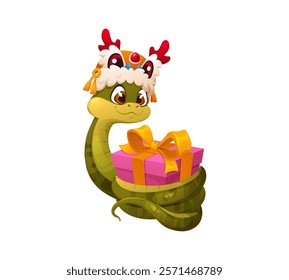 Valentine day cartoon snake character wearing festive Chinese lion dance hat, holding wrapped pink gift box with golden bow. Vector Asian reptile, serpent animal ready for Cny 2025 festive occasion