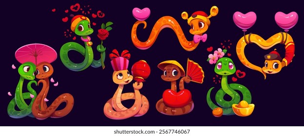 Valentine day cartoon snake characters with hearts celebrating love and festivity with pink balloons, rose flowers, gifts, Asian fans, and romantic expressions, highlighting affection, and celebration