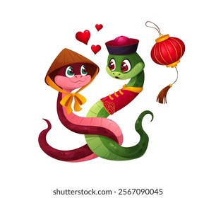 Valentine day cartoon snakes characters with love hearts and red Asian lantern. Vector green and pink reptiles share an affectionate gaze, symbolizing love and celebration for Chinese Lunar New Year