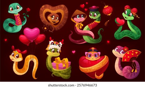 Valentine day cartoon snakes with love hearts and feelings. Vector set of cute reptiles celebrating love and festivities with heart shapes, balloons, roses, lanterns, fans and gift festive accessories