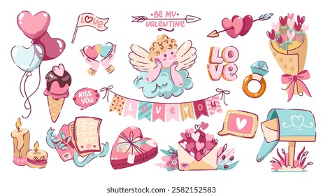 Valentine day cartoon stickers set. Funny heart candy box and flowers bouquet, engagement ring with diamond, Love typography badge. Valentine day gift mascots, cartoon collection vector illustration