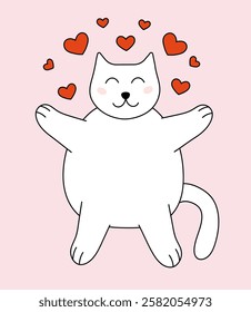 Valentine day Cat character with hearts. Vector flat illustration.