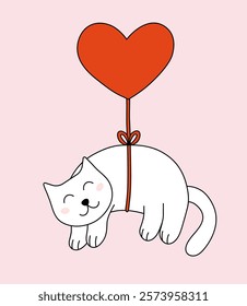 Valentine day Cat fly on balloon. Vector flat illustration.