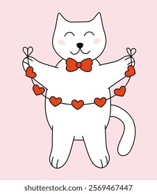 Valentine day Cat with garland. Vector flat illustration.