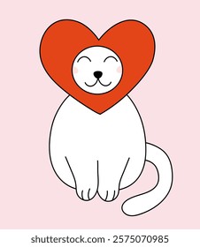 Valentine day Cat with hat heart. Vector flat illustration.