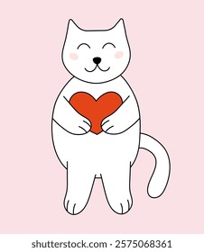 Valentine day Cat with heart in paws. Vector flat illustration.