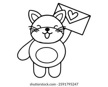 Valentine Day Cat Holding a Letter Black and White