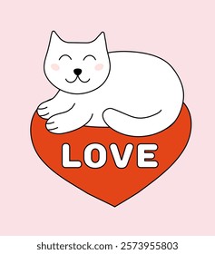 Valentine day Cat on heart. Vector flat illustration.