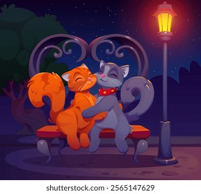 Valentine day cats couple. Cartoon vector romantic feline animals cuddling on a park bench under a glowing streetlamp at night. Orange and gray cats display love, affection, companionship, and romance