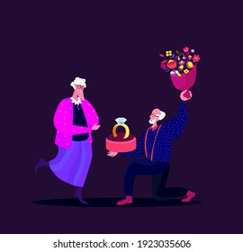 Valentine Day Celebrating.Retired Pensioner Old Man Stand on Knee with Wedding Ring,Bouquet of Flowers Making Offer to Elderly Woman to Marry.Engagement,Betrothal Proposal.Marriage Vector Illustration