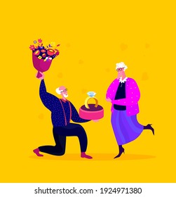 Valentine Day Celebrating.Retired Pensioner Old Man Stand on Knee with Wedding Ring,Bouquet of Flowers Making Offer to Elderly Woman to Marry.Engagement,Betrothal Proposal.Marriage Vector Illustration