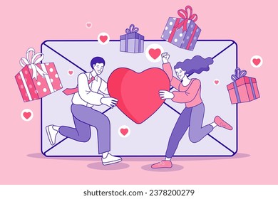 Valentine day celebration against mail. affectionate couple with gift boxes having romantic date. message with hearts. Flat style colorful vector illustration of cartoon characters.