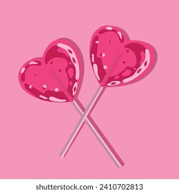 valentine day celebration. Cute love drawings. Heart candies. Pink heart shaped lollipop. Strawberry flavoured candies. 14 February greeting