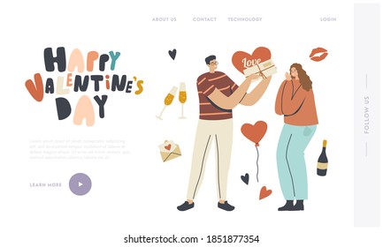 Valentine Day Celebration Landing Page Template. Boyfriend Giving Present to Girlfriend. Man Character Prepare Gift to Woman for Dating, Girl Excited with Surprise. Linear People Vector Illustration