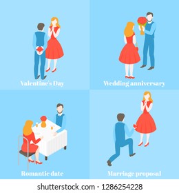 Valentine day celebration. Man giving gift and flower to woman. Love couple with present box. Wedding proposal and relationship anniversary. Romantic date set.