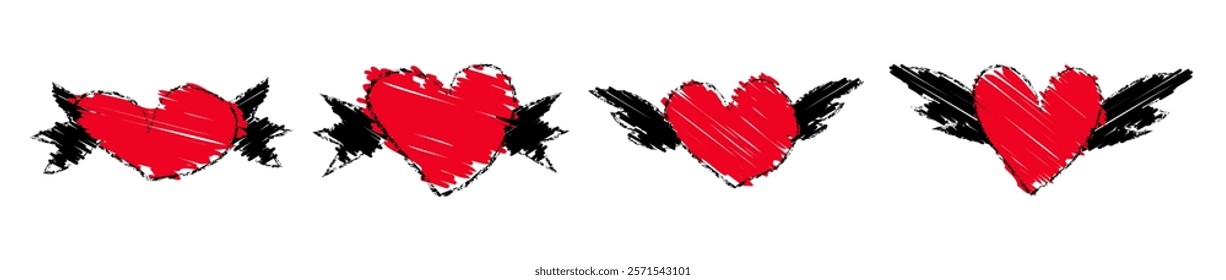 Valentine day chalk heart with wings vector. Crayon brush flying love symbol icon. Grunge sketch element set. Wedding tatoo with pastel paintbrush design. Simple black and red lipstick scrawl