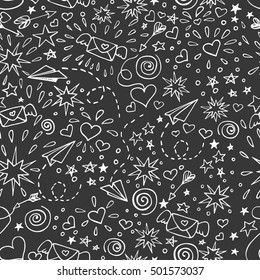 Valentine Day chalk line art design. Monochrome black and white doodle sketch seamless pattern vector illustration. 