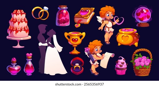 Valentine day characters and love symbols for wedding and marriage, cartoon vector. Valentine day cupid angel with arrows, bride and groom kissing with wedding rings and cake with marriage flowers