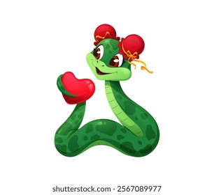 Valentine day cheerful cartoon snake character holding red love heart. Vector green cute reptile, serpent animal, adorned with traditional red bows, evokes celebration, and Chinese cultural tradition