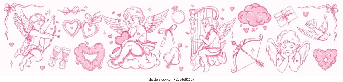 Valentine Day cherub doodle set, vector hand drawn love collection, cute cartoon cupid harp heart. Pink watercolor romantic coquettish scribble, ribbon bow arrow baby angel. Whimsical Valentine doodle