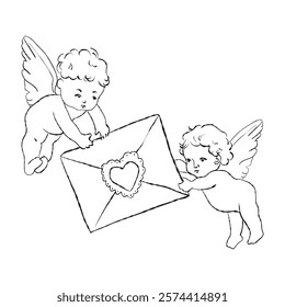 Valentine Day cherub doodle set, vector hand drawn love collection, cute cupid . Vector romantic coquettish scribble, ribbon bow arrow baby angel. Whimsical Valentine doodle