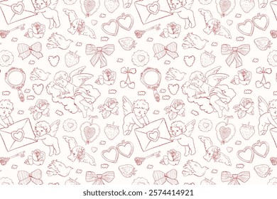 Valentine Day cherub doodle set, vector hand drawn love collection, cute cupid . Vector romantic coquettish scribble, ribbon bow arrow baby angel. Whimsical Valentine doodle