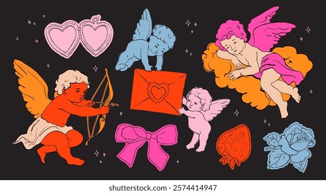 Valentine Day cherub doodle set, vector hand drawn love collection, cute cupid . Vector romantic coquettish scribble, ribbon bow arrow baby angel. Whimsical Valentine doodle