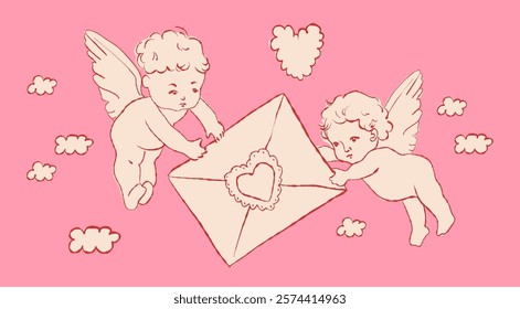 Valentine Day cherub doodle set, vector hand drawn love collection, cute cupid . Vector romantic coquettish scribble, ribbon bow arrow baby angel. Whimsical Valentine doodle