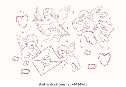 Valentine Day cherub doodle set, vector hand drawn love collection, cute cupid . Vector romantic coquettish scribble, ribbon bow arrow baby angel. Whimsical Valentine doodle