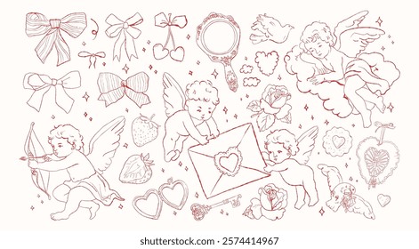 Valentine Day cherub doodle set, vector hand drawn love collection, cute cupid . Vector romantic coquettish scribble, ribbon bow arrow baby angel. Whimsical Valentine doodle