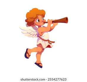 Valentine day cherub playing a trumpet, cute angel dressed in white tunic with wings and curly hair spreading love, joy, innocence and romantic feelings. Isolated vector playful cupid child personage