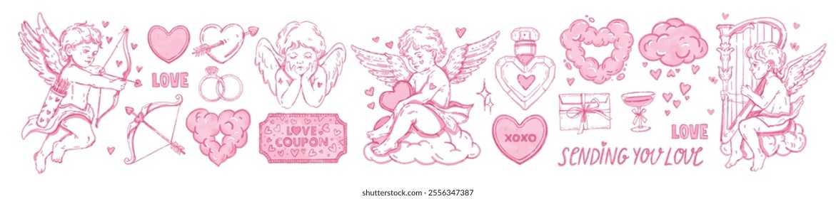 Valentine day cherub print set, vector romantic holiday sticker collection, cute baby angel, cloud. Pink watercolor heart design object, love coupon, potion, cartoon cupid bow. Valentine cherub tattoo