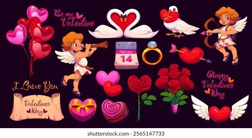 Valentine day cherubs, angels and love symbols with hearts for wedding, cartoon vector. Valentine day holiday icons of cupid angels with love arrows, heart balloons and roses flowers with weeding ring