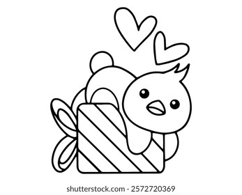 Valentine Day Chicks Holding Gift Line Art