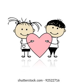 Valentine day. Children with big red heart for your design