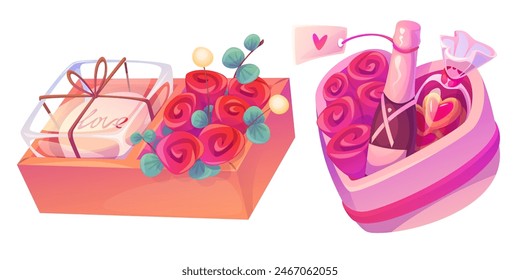 Regalo de caja de chocolate de San Valentín. Icono de la comida. Paquete de corazón dulce aislado con vino y galleta para dar en matrimonio. Decoración rosa con conjunto de diseño lindo de confitería. 14 de febrero tarta romántica