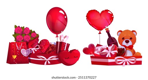 Valentinstag Schokolade mit Band und Herz. Rosa und rot süßes Geschenk für romantische 14. Februar Party. Hübsche Schleife auf Keks und Dessert präsentieren Symbol zum Einkaufen. Luxus-Hochzeitsfeiertag Gruß