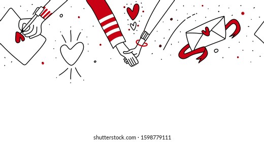 Valentine day or Christmas seamless horizontal romantic border.Male and female hand holding together,hearts, red ribbon, envelope with love letter, hand draws heart on sheet.Vector hand drawn 