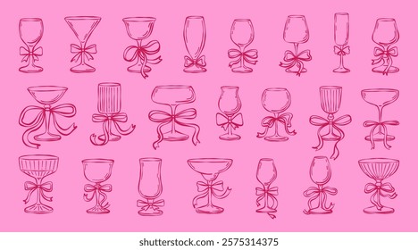 Valentine day cocktail hand drawn set. Vector coquettish ribbon bow, wine glass wedding celebration beverage. Line art cocktail event invitation illustration.