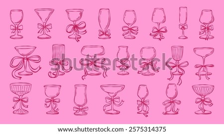 Valentine day cocktail hand drawn set. Vector coquettish ribbon bow, wine glass wedding celebration beverage. Line art cocktail event invitation illustration.