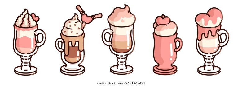 Valentine Day coffee cups set - pink beverages with whipped cream, chocolate drinks topped with heart decorations and couple straw, layered lattes. Romantic cafe collection with love themed mugs.