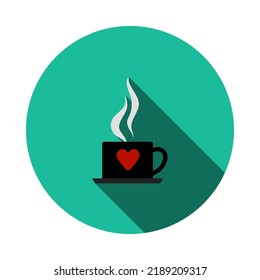 Icono del café de San Valentín. Diseño De Esténcil De Círculo Plano Con Sombra Larga. Ilustración vectorial.