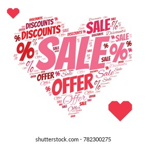 Valentine day collage with SALE word in shape of heart. Related tags vector illustration. Advertising offer