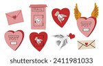Valentine day collection. Hand drawn cartoon cute heart elements in retro vintage style. Mailbox or postbox shape set. Love bird mail, post box with wings. Valentine’s Day vector illustration.