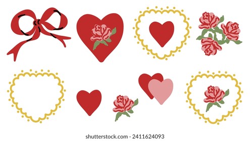 Valentine day collection. Hand drawn cartoon cute elements in retro vintage style. Hearts, bow ribbon and flower set. Simple shape, rose flowers, traditional Valentine’s Day vector illustration.