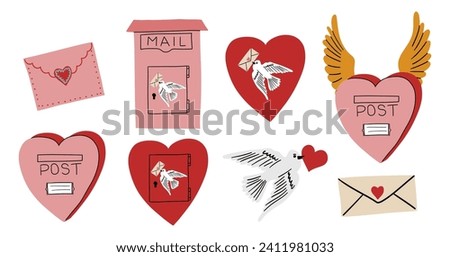 Valentine day collection. Hand drawn cartoon cute heart elements in retro vintage style. Mailbox or postbox shape set. Love bird mail, post box with wings. Valentine’s Day vector illustration.