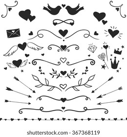 Valentine Day collection: hearts, arrows, doves, decorative swirls and curls, romantic vector decorations