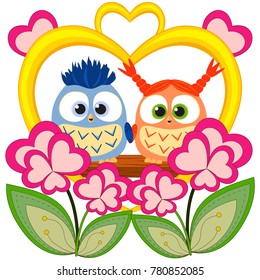 Valentine day colorful poster with an owl couple. Romantic vector illustration for gift card, flyer, certificate or banner